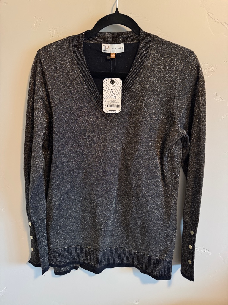 Ep New York Black And Gold Lurex Long Sleeve Pleated V-Neck Pullover
